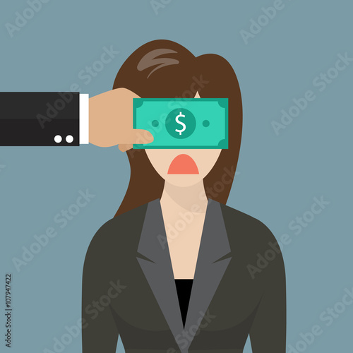 Business woman with dollar banknote taped to eyes