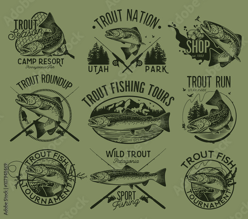 Vintage trout fishing emblems