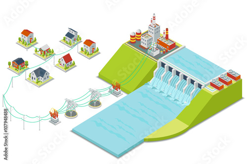 Hydro power plant. 3D isometric electricity concept