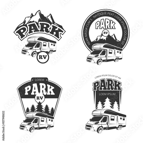 RV and campers vector emblems, labels, badges, logos set