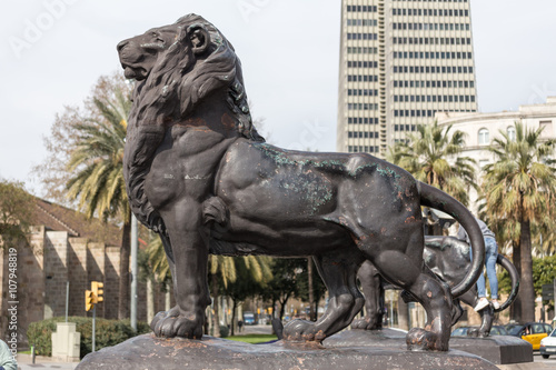 lion as part of the columbus statue in barcelona spain