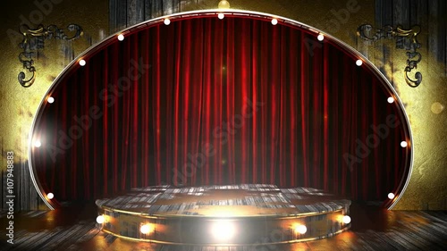 red curtain stage with golden podium and loop lights