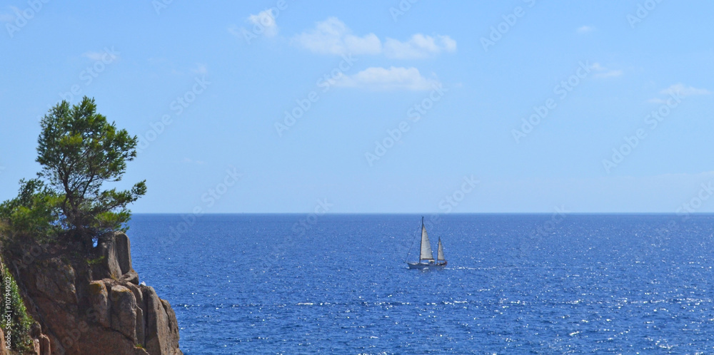 seascape with sailboat and rocky beach