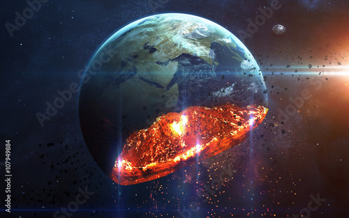 Apocalyptic background - planet Earth exploding, armageddon illustration, end of time. Elements of this image furnished by NASA