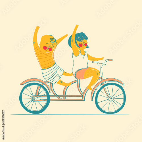 Two best friends ride on tandem bicycle. Vector illustration. Isolated