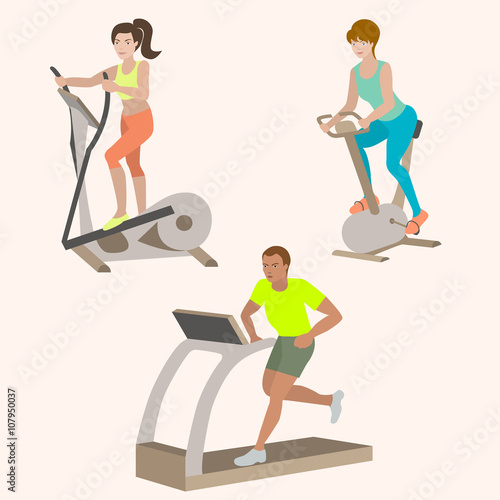 Sports people in the flat style. Training apparatus. Treadmill. Exercise bike. Elliptical trainer. Isolated background.