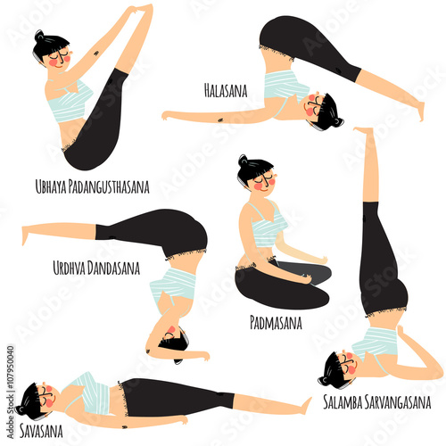 Set with beautiful woman exercising various different yoga poses training