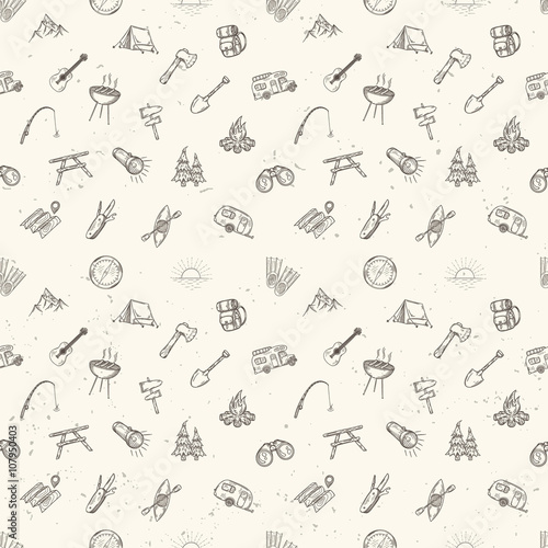 Hand drawn camping seamless pattern. 