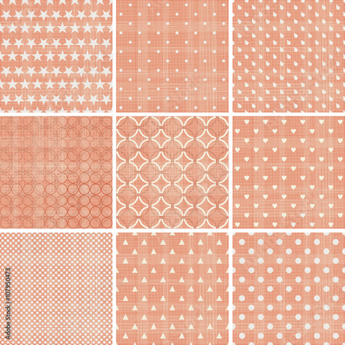 set of abstract geometric seamless patterns in faded orange color with fabric texture