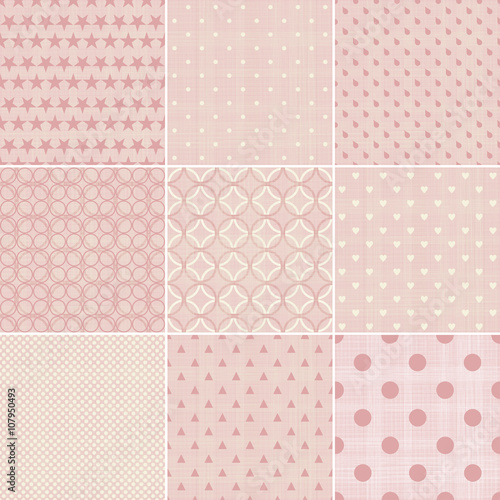 set of abstract geometric seamless patterns in faded pink color with fabric texture