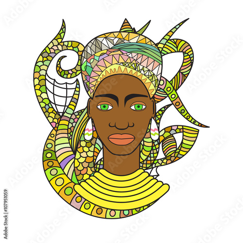 African american girl in turban with ethic ornament. Vector art.