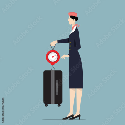 Airline Hostess Weighting Luggage With Scale.