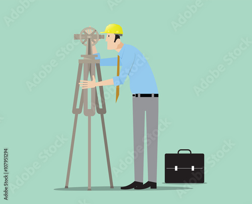 Construction engineer surveying using theodolite tool..
