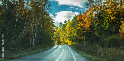 the view down a scenic country roadway in autumn landscape