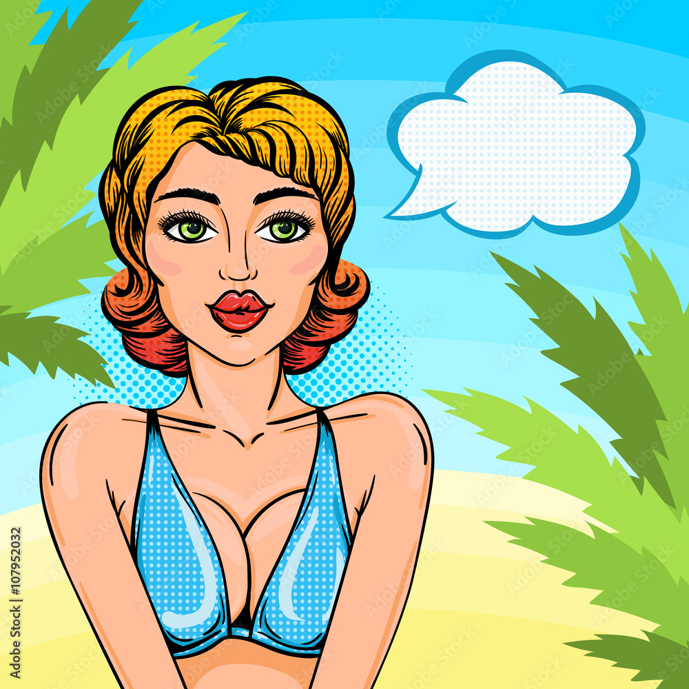 Pop art retro bikini woman on beach with thought bubble for message in comic style, vector