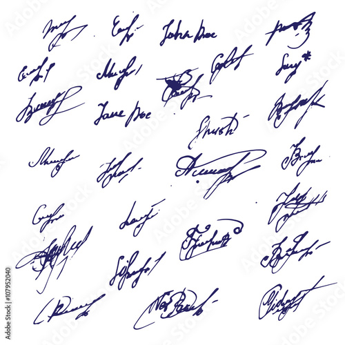 Big Ink Signatures set - group of fictitious contract signatures. Business autograph illustration.