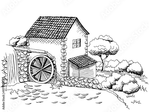 Water mill graphic art black white landscape illustration vector