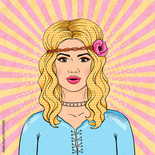 Hippie girl in pop art comic style, retro hippie woman with blonde hair and flower vector illustration