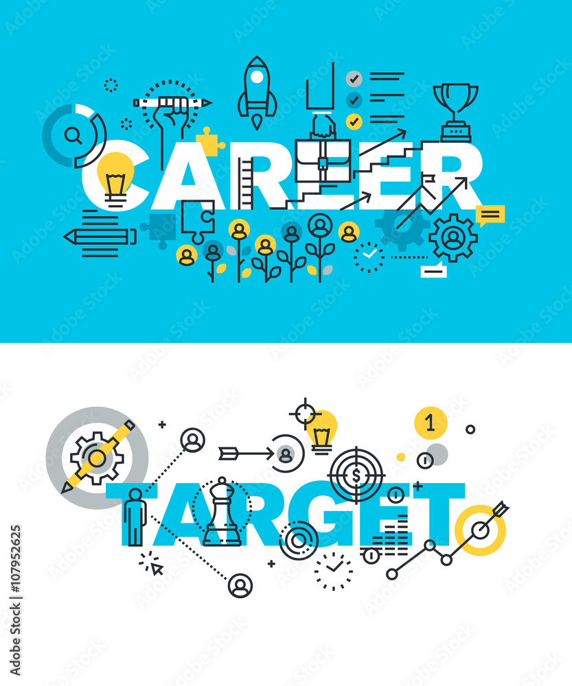 Set of modern vector illustration concepts of words career and target. Thin line flat design banners for website and mobile website, easy to use and highly customizable.