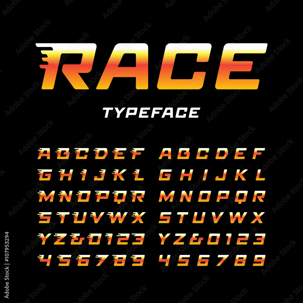 Sport font. Vector alphabet with tail effect letters and numbers