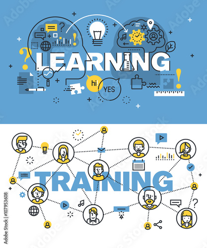 Set of modern vector illustration concepts of words learning and training. Thin line flat design banners for website and mobile website, easy to use and highly customizable.