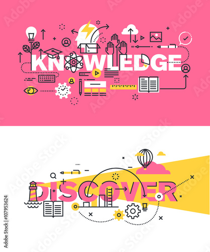 Set of modern vector illustration concepts of words knowledge and discover. Thin line flat design banners for website and mobile website, easy to use and highly customizable.