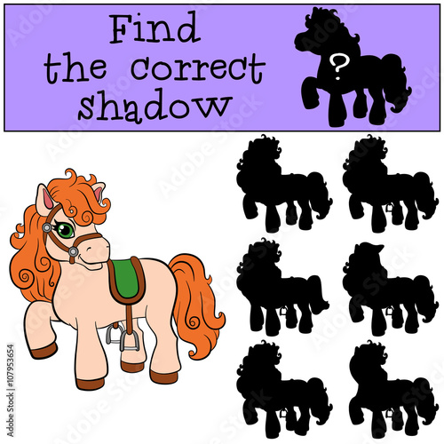 Children games: Find the correct shadow. Little cute pony stands and smiles.