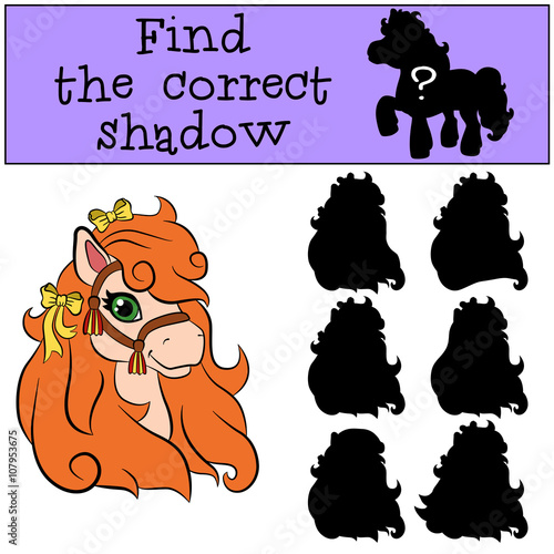 Children games: Find the correct shadow. Little cute pony with curled mane.