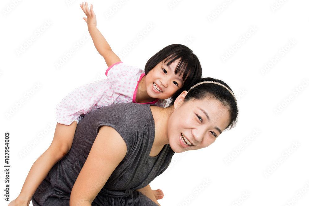 Asian Little Chinese Girl Piggyback Ride with Mother Asian Little Chinese Girl Piggyback Ride with Mother