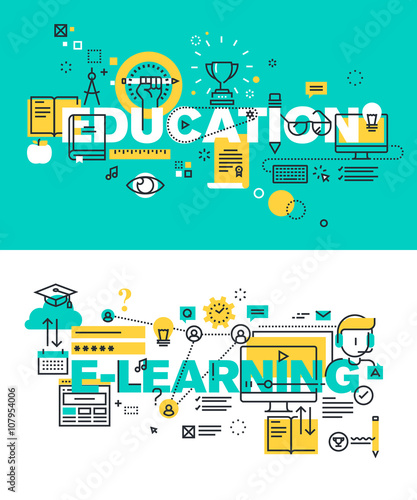 Set of modern vector illustration concepts of words education and e-learning. Thin line flat design banners for website and mobile website, easy to use and highly customizable.