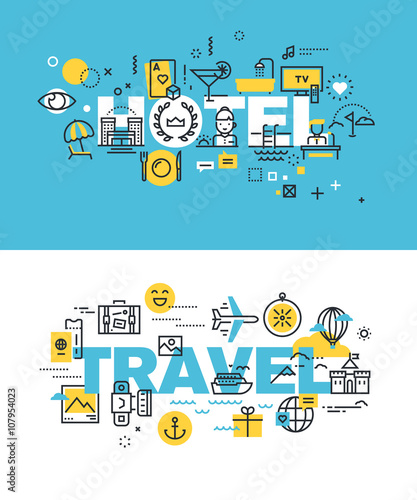 Set of modern vector illustration concepts of words hotel and travel. Thin line flat design banners for website and mobile website, easy to use and highly customizable.