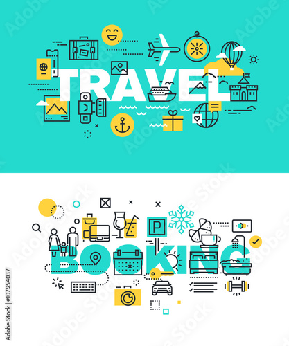 Set of modern vector illustration concepts of words travel and booking. Thin line flat design banners for website and mobile website, easy to use and highly customizable.