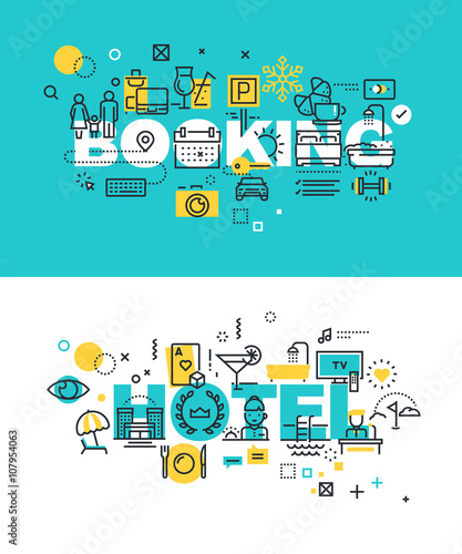 Set of modern vector illustration concepts of words booking and hotel. Thin line flat design banners for website and mobile website, easy to use and highly customizable.