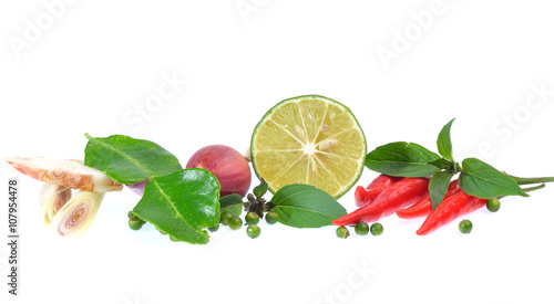 Fresh herbs and spices isolated on white background