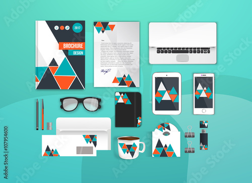 Colorful Corporate identity template set. Business stationery mock-up for branding design. Letter envelope, card, catalog, pen, pencil, notebook, tablet pc, mobile phone, letterhead, brochure cover.