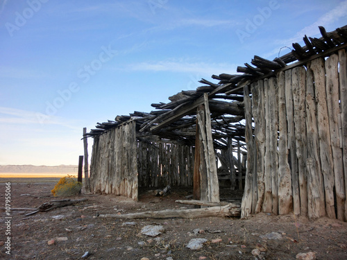 Fototapet Abandoned weathered old wooden shack in desolate field - landscape color photo