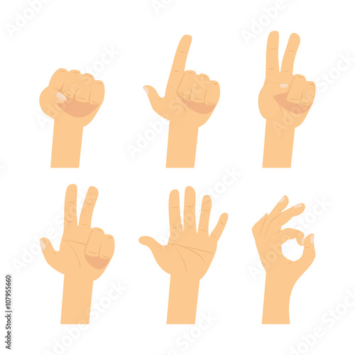 Hand sign set. Flat finger symbol isolated on white background. 
