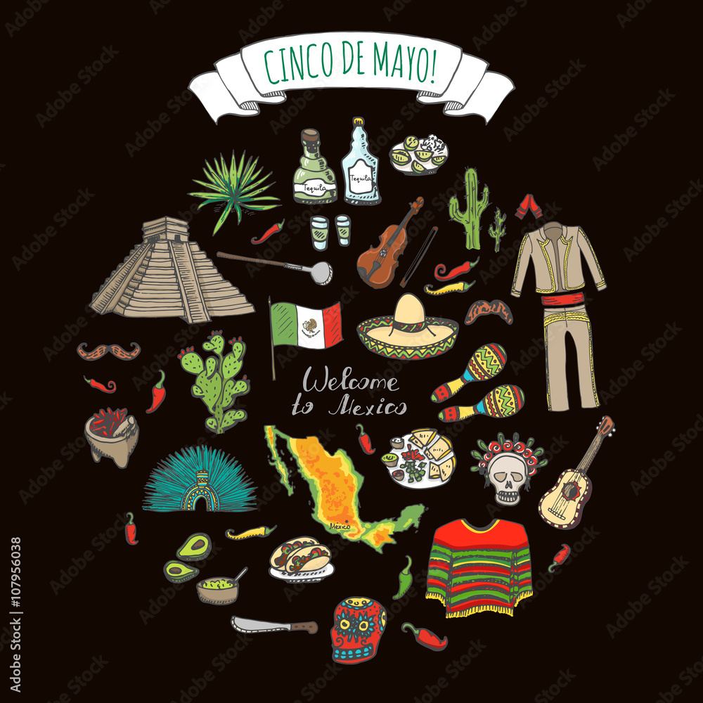 Cinco De Mayo hand drawn cartoon collection Doodle Mexico set Vector illustration Sketchy mexican food icons United Mexican States elements Maracas Sombrero Maya Pyramid Aztec Tequila Chili pepper