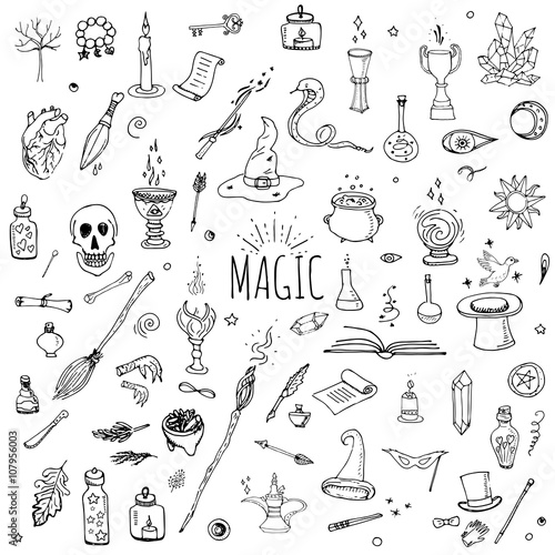 Hand drawn doodle Magic set Vector illustration wizardy, witchcraft symbols Isolated icons collections Cartoon sorcery concept elements Magic wand Love potion Fairy book Fairy tale Snake Crystal ball