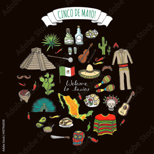 Cinco De Mayo hand drawn cartoon collection Doodle Mexico set Vector illustration Sketchy mexican food icons United Mexican States elements Maracas Sombrero Maya Pyramid Aztec Tequila Chili pepper