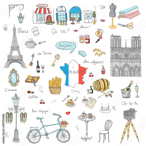 Set of hand drawn French icons, Paris sketch vector illustration, doodle elements, Isolated France national elements, Travel to France icons for cards and web pages, Paris symbols collection