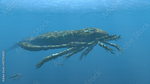 An animation of the large extinct Eurypterus and young in the sea. Eurypterids (Sea Scorpions) were giant arthropods existing from the mid Ordovician to late Permian (460 to 248 million years ago)