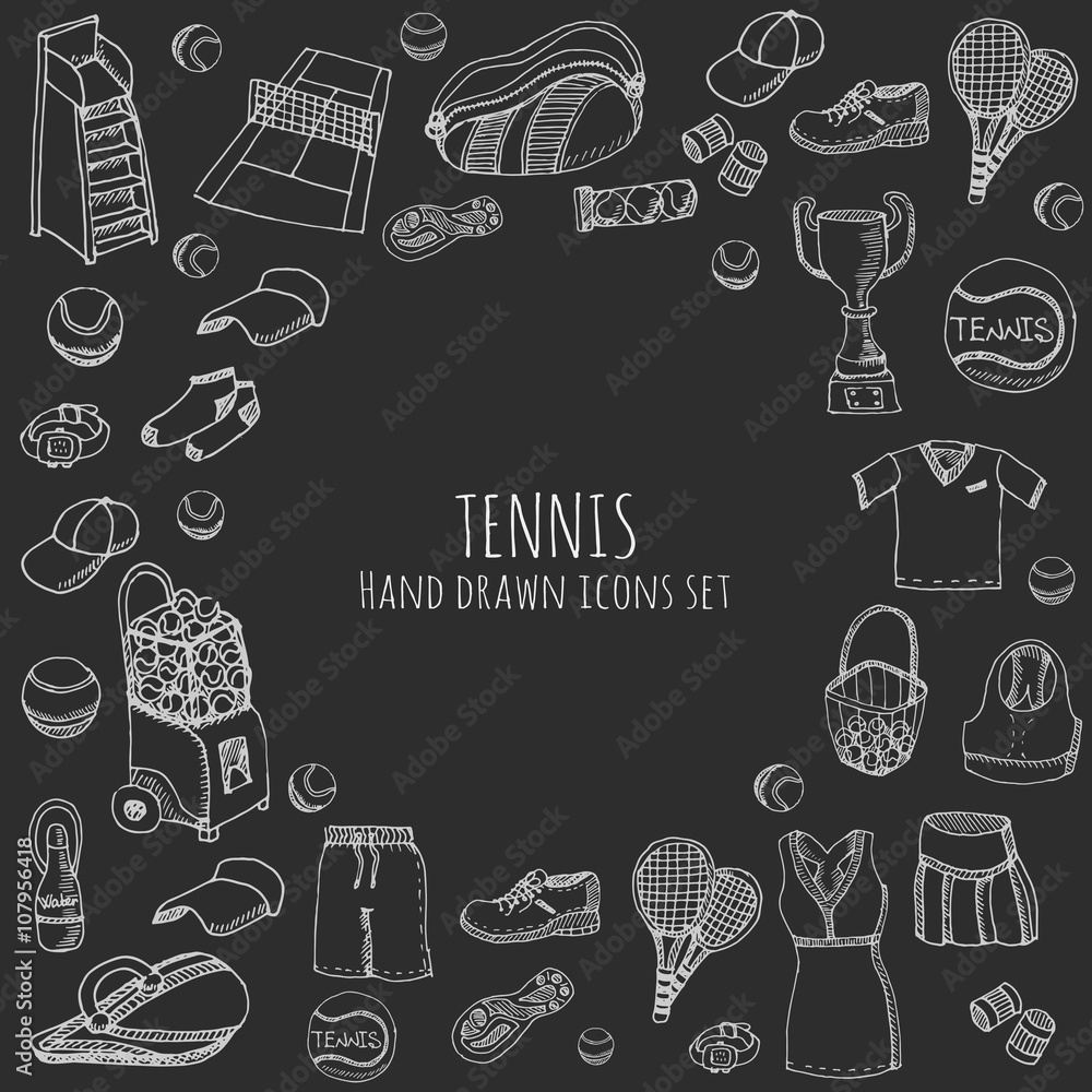 Hand drawn doodle Tennis game set Vector illustration tennis equipment ...