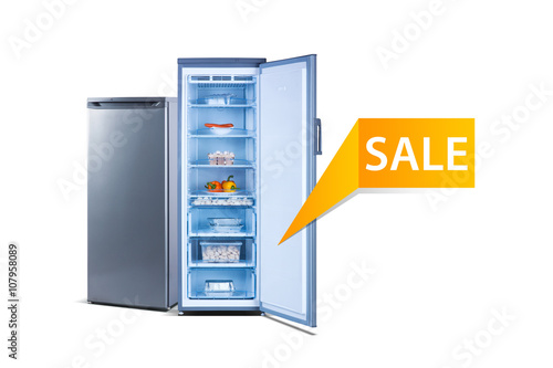 Two freezers on white background, open, front view, with food, isolated on white, shine grey metallic, sale word, sticker, banner