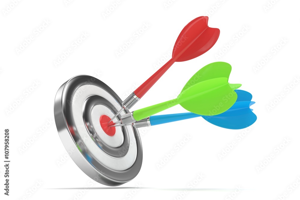 Three arrows darts in center. 3d rendering. Three arrows darts in center. 3d rendering.