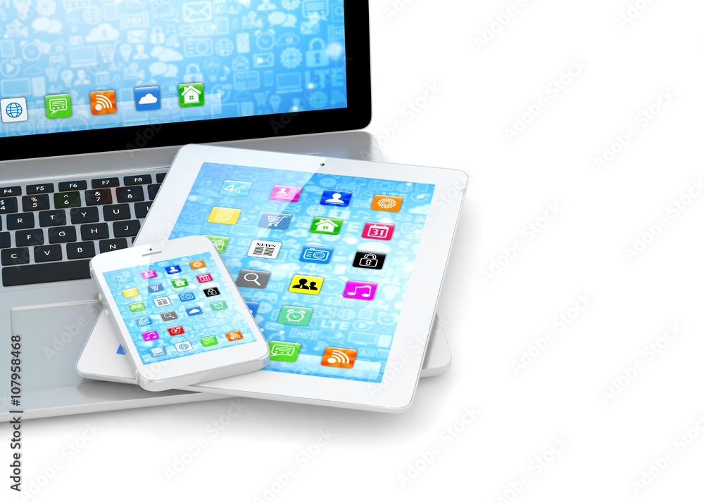 Laptop, phone and tablet pc. 3d rendering. Laptop, phone and tablet pc. 3d rendering.