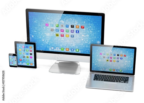 Ultimate web design, laptop, smartphone, tablet, computer, display. 3d rendering.