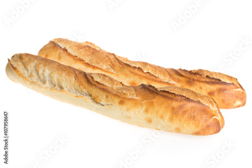 Two french baguettes on a white background