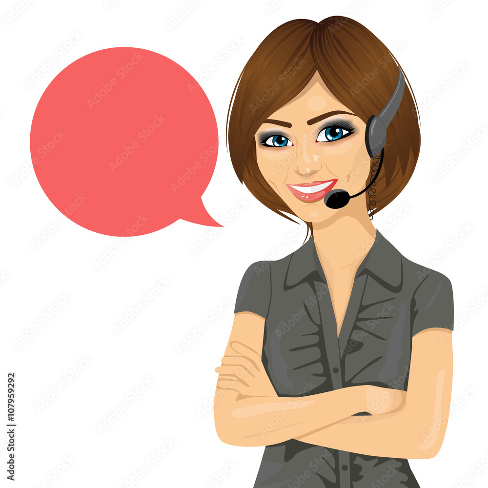 female customer support phone operator with arms crossed and speech bubble female customer support phone operator with arms crossed and speech bubble