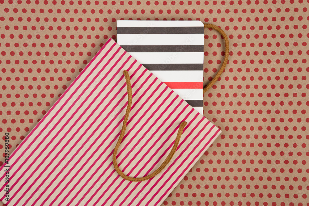 handmade striped shopping bag, gift bags and notepad on craft handmade striped shopping bag, gift bags and notepad on craft